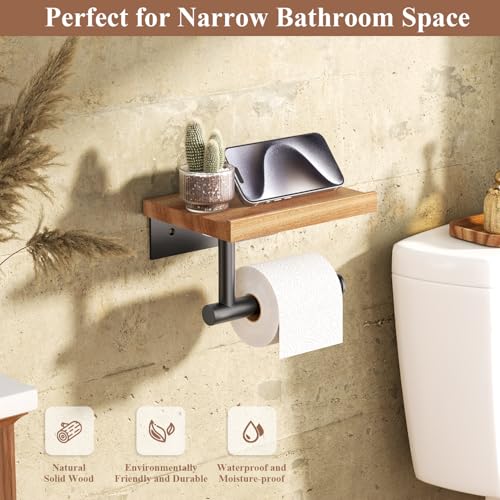 Image of Tindbea Toilet Paper Holder with Wood Shelf, Wooden Wall Mount Tissue Paper Roll Holder, Matte Black Stainless Steel Bathroom Accessories Decor for Home (Sapele, Matte Black)