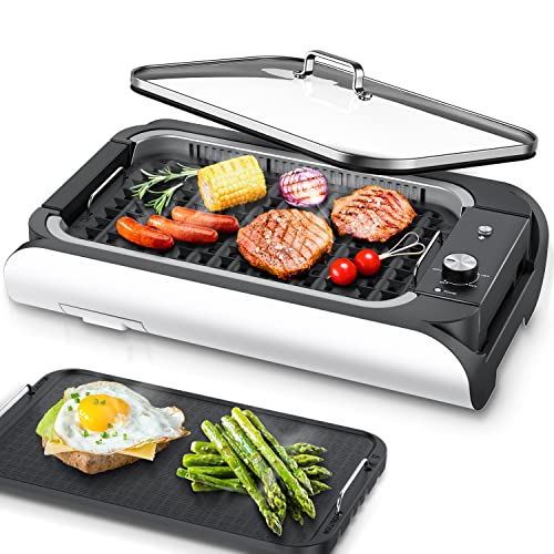 Indoor Smokeless Grill, Electric BBQ Party Grill with Nonstick Plate, Tempered Glass Lid, Adjustable Temperature Control, Dishwasher Safe, 1000 Watts, Black