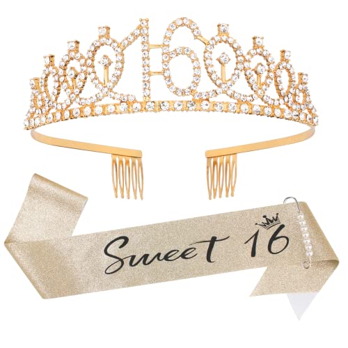 16th Birthday Tiara and Sash Kit- Sweet 16Birthday Decorations 16th Birthday Party Gifts Birthday Party Supplies for Girls (gold)