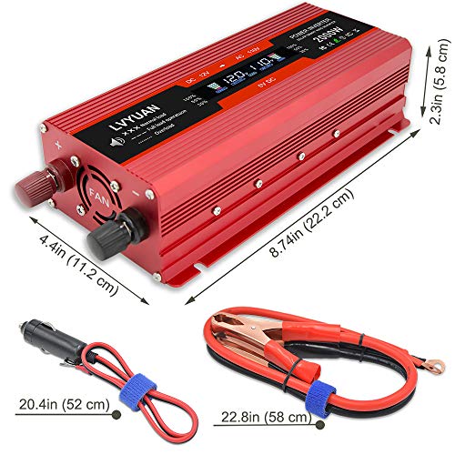 Cantonape 1000W/2000W(Peak) Car Power Inverter DC 12V to 110V AC Converter with LCD Display Dual AC Outlets and Dual USB Car Charger for Car Home Laptop Truck (Red)