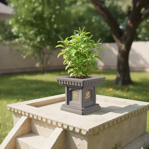 Image of YUCCABE ITALIA FOXB 12 Inch Tulsi Planter Pot for Tulsi Pooja German Polymer Tulsi Planters Suitable for Indoor Outdoor Use Home Office Pooja Plant Gamla (Grey)