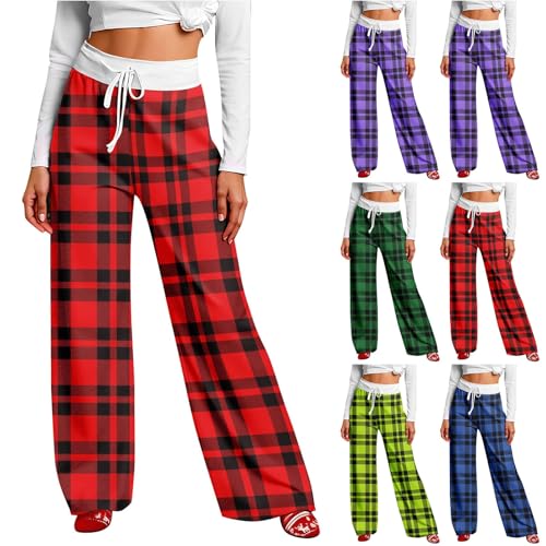 Pantalones de pijama divertidos de tartán P-J navideños holgados para mujer HUIFUAO