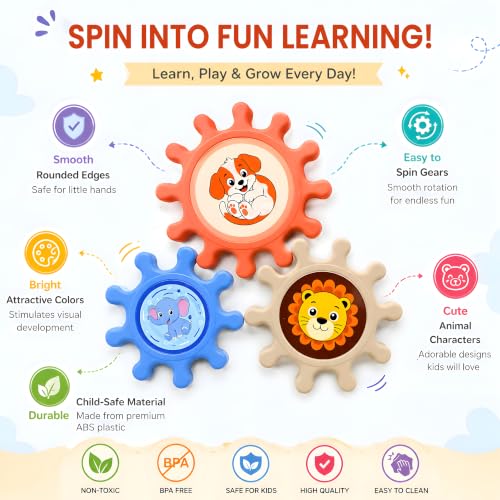 Image of Cable World Baby Gear Spinner Toys for Kids, Interlocking Spinning Gears with Animal Design, Sensory & Fine Motor Skill Toy, Educational STEM Learning Toy for Infants & Toddlers 6+ Months, Pack of 3
