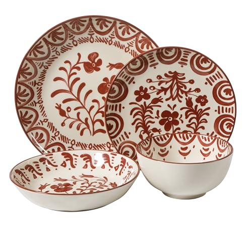 Image of Bloomhouse - 2-Time Oprah's Favorite Things - Valencia Flor 16 Piece Dinnerware Set, Artisanal Decorated Stoneware Plates & Bowls, Service for 4, Microwave & Dishwasher Safe, Pomegranate Red