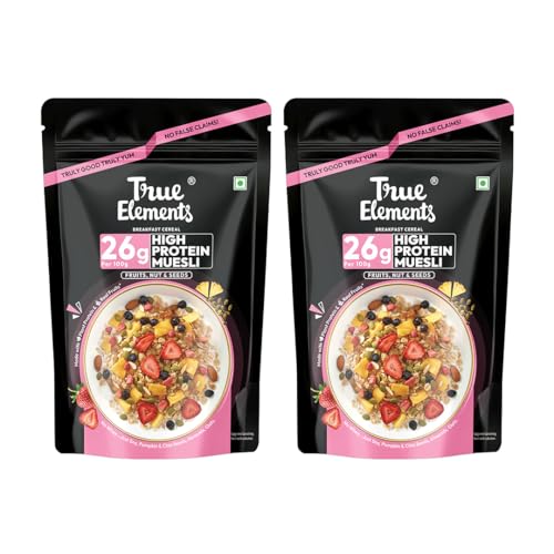 Image of True Elements High Protein Muesli Fruits, Nut And Seeds 400g (Pack Of 2) - Combo - 800gm | 26g Protein | Fruit,Nuts & Seeds | Healthy Breakfast Cereal | Rich in Nuts, Seeds & Wholegrains | No Added Preservatives