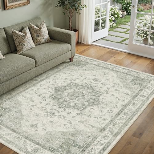 PureCozy Vintage Alfombra Salon 140x200cm Verde Habitacion Lavables en Lavadora Antideslizante Alfombras Sala Dormitorio Cocina Comedor Grande Carpet Pelo Corto Rug