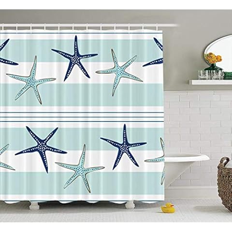 LALILO Sea-Star-Beach Decorative Shower Curtain with 12 Hooks, Coastal Starfish Repeat Pattern Navy Blue Blue and No Chemical Odor, Durable Waterproof 72" W X 78" L Polyester Cover