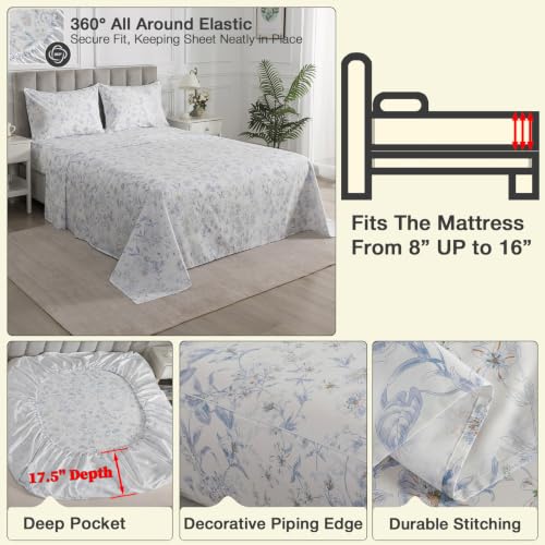 Image of Floral Percale Sheets California King, Deep Pocket, Blue & White