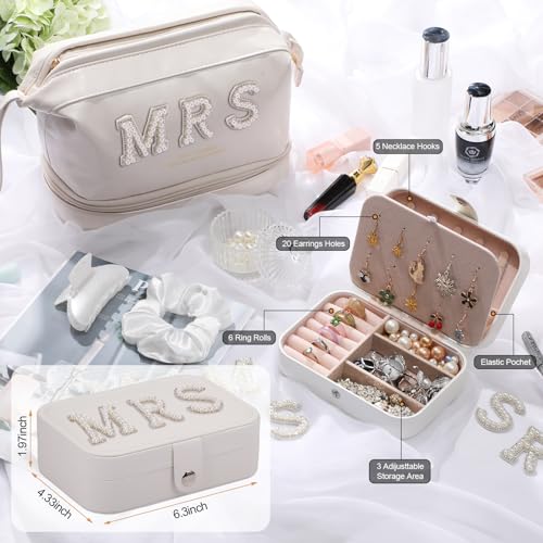 Bride Wedding Makeup Bag Large Double Layers Cosmetic Bag Travel Jewelry Box Claw Hair Clip Bridal Hair Tie for Women Bridal Shower Gift Engagement Present (White,Mrs)2