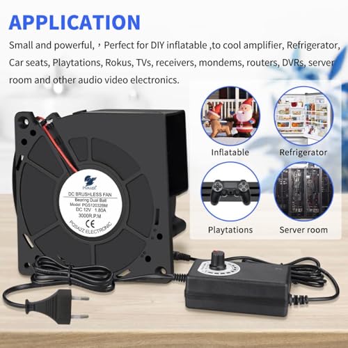 Image of 120mm DC Brushless Blower Fan with Speed Controller, Adjustable 3-12V Power Supply, 1300-3000 RPM, Dual Ball Bearing, Cooling Fan for Electronics Cabinet DIY