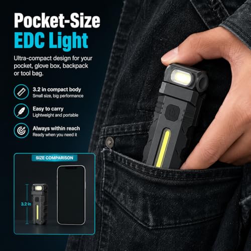 TFFUAM 180°Rotating Head LED Work Light, Magnetic Base & USB-C Rechargeable, Dual Beam Pocket Flashlight with Clip, Hands-Free Work Light for Auto Repair, Camping, Mechanic, Home & Emergency (1) - image 2