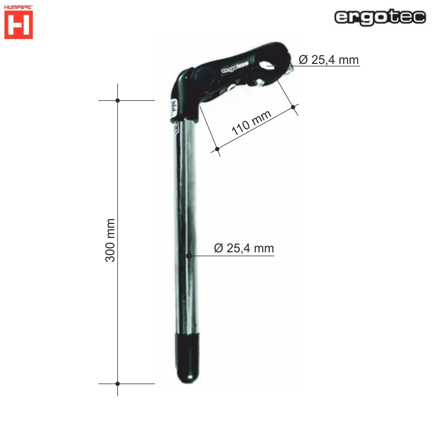 Ergotec Lenkervorbau Klemmung 25,4 mm Kobra Vario Tube Edelstahl verstellbar -10° bis +50° Lenker Vorbau 25,4-110/300 mm inkl. Fahrradglocke