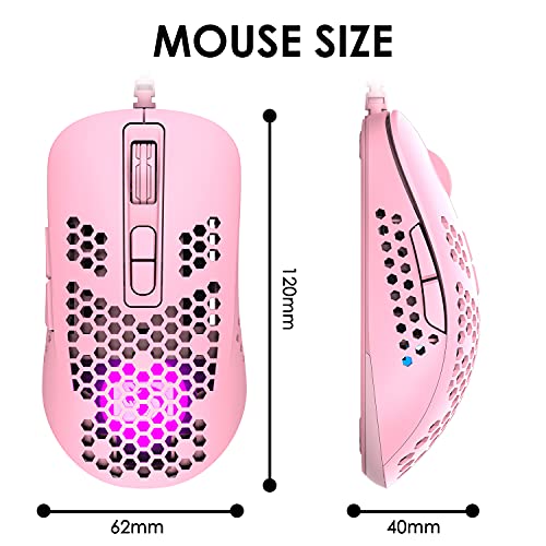 Lightweight Gaming Mouse Wired,USB Optical Computer Mice with RGB Backlit,4 Adjustable DPI Up to 2400,Ergonomic Gamer Laptop PC Mouse with Honeycomb Shell for Windows 7/8/10/XP Vista Linux -Pink