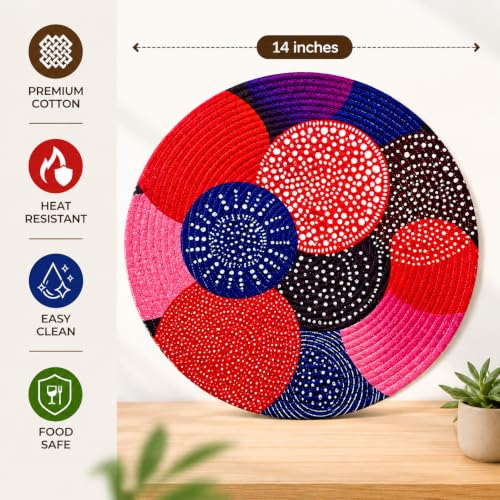 Image of Zimittory Round Cotton Dining Table Mats Set of 2, 14-inch, Berry Burst