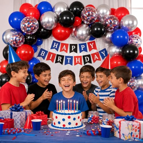 Image of Red Blue Silver Balloons, 60 PCS 12 Inch Royal Blue Red Silver Confetti Black White Latex Balloons for Boys Cool Man Halloween Theme Birthday Graduation Baby Shower Party Decoration Supplies