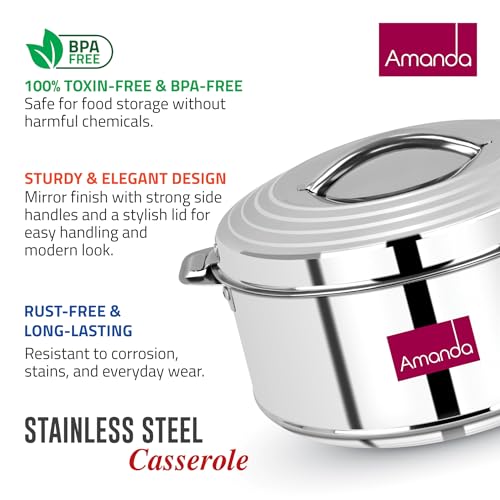 Image of Amanda Stainless Steel Casserole Set of 3 (1000ml, 2000ml & 3000ml) - Hot Pot for Roti, Sabji & Biryani | Durable & Rust-Free | Ideal for Daily Use & Gifting (Set of 2 (2000ML, 3000ML))