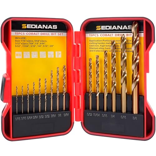 Cobalt Drill Bit Set - 15Pcs M35 HSS Twist Drill Bits, Straight Shank, Metal Drills bit Set for Hardened Metal, Stainless Steel, Cast Iron, Wood and Plastic with Index Storage Case, 1/16'-3/8'