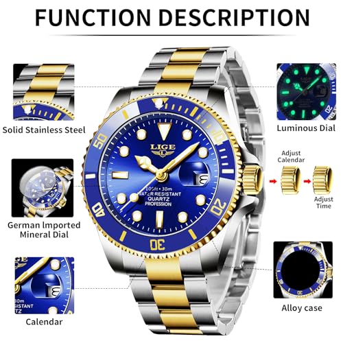 Image of LIGE Fashion Watches for Men Stainless Steel Business Dress Watch Waterproof Analog Quartz Watch with Luminous Date Display Manl Wrist Watch