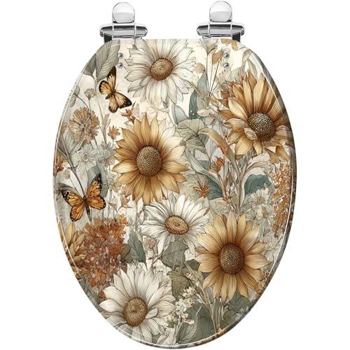 Asiento de inodoro amarillo alargado con diseño floral de resina 2