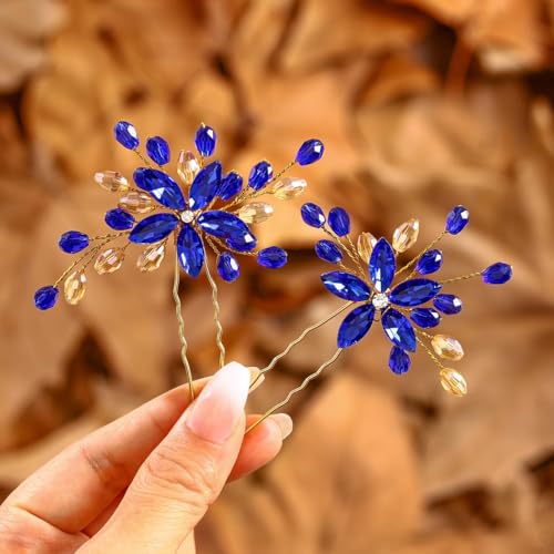 IYOU Femmes Mariage Épingles à Cheveux Fleur Bleu Royal Pièce à Cheveux Étincelante Cristal Baroque Demoiselle D'honneur Accessoires de Cheveux pour...