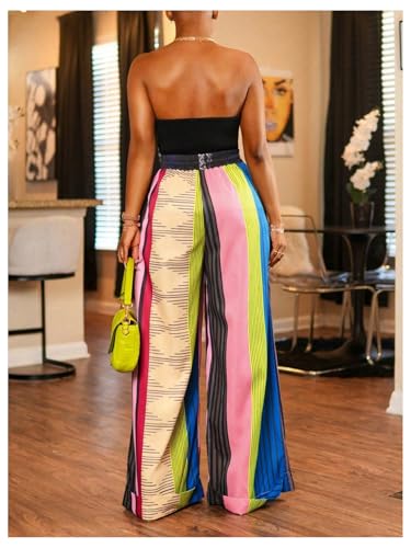 WDIRARA Women's Colorful Striped Wide Leg Pants Elastic Waist Loose Palazzo Pants2