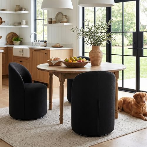 Image of HNY Upholstered Swivel Dining Chairs Set of 3, Mid Century Modern Kitchen Round Sherpa Boucle Dining Room Chairs, Barrel Comfy Armless Accent Makeup Vanity Side Chairs for Living Room, Black