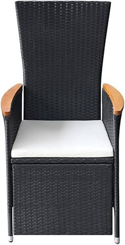 Miniatura 6 de Sillas de patio reclinables 2 piezas con cojines de ratán de poliéster negro, comedor al aire libre, sillas exteriores Sillas para Comedor para