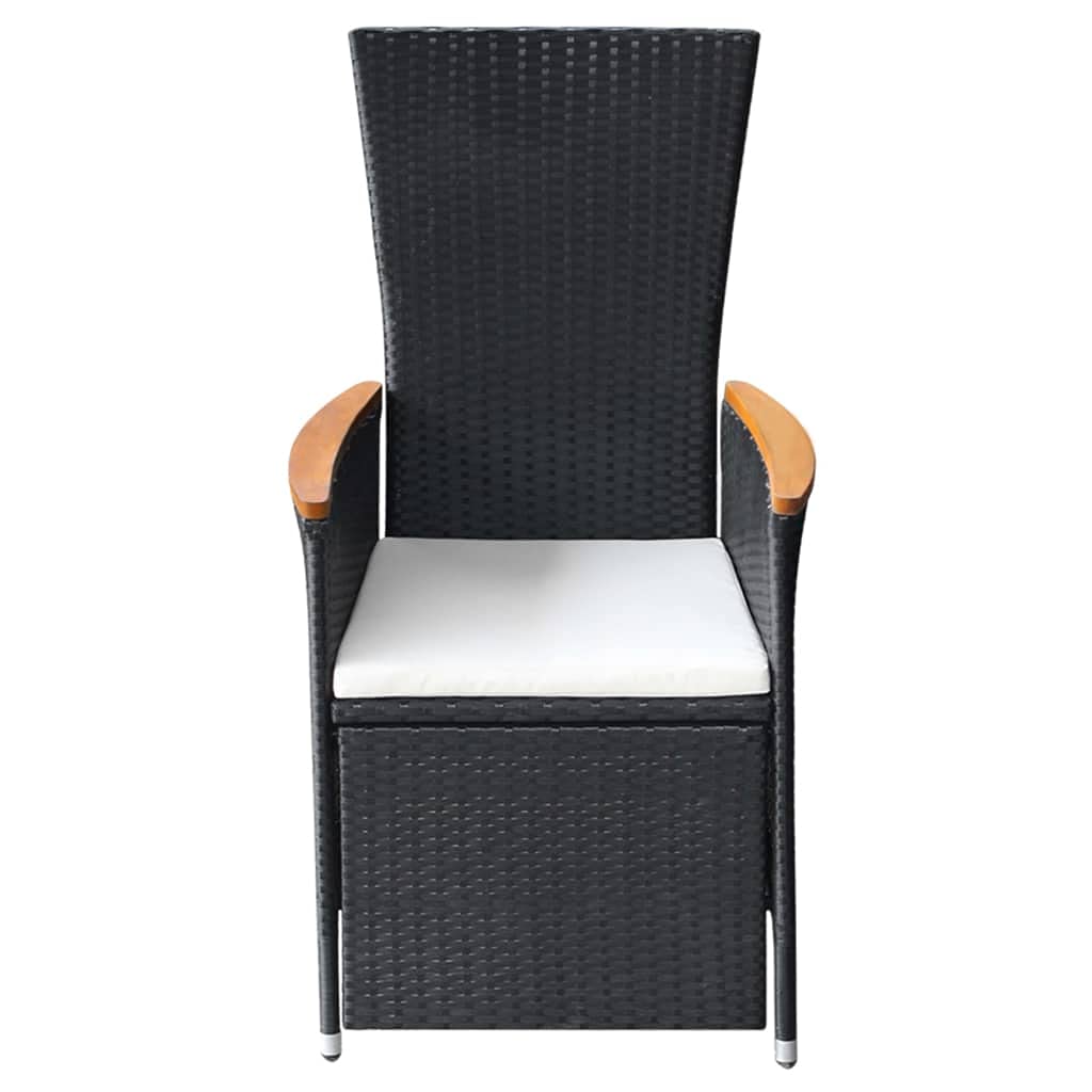 7-TLG. Set da pranzo da giardino nero con cuscino, sedie regolabili e tavolo in vetro, moderno set di mobili per esterni per terrazza e balcone, in rattan PE impermeabile