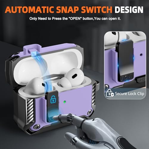 Image of for AirPods Pro 3 Case with Phone Stand,(Automatic Snap Switch Lock) Carbon Fiber Texture Design Cover with Cleaner Kit -Purple