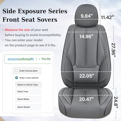 Image of Coverado Front Seat Covers, Waterproof Nappa Leather Car Seat Cover, Sideless Car Seat Covers Front Seats, Driver Seat Cover, Car Seat Protector Universal Fit for Most Sedans SUV Truck, Grey