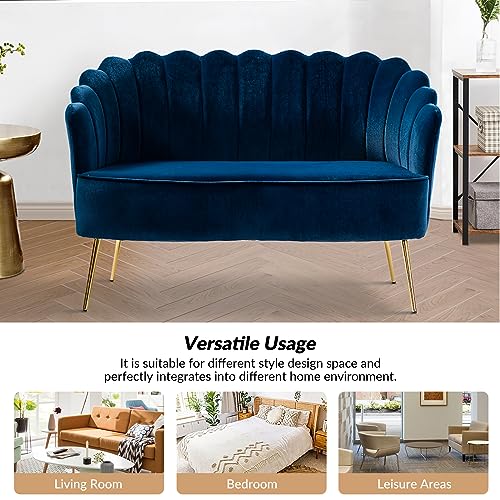 Image of HULALA HOME Modern Velvet Loveseat Sofa with Flower Shaped Back, Comfy Upholstered 2-Seater Sofa with Gold Metal Legs, Small Love Seat Accent Couch for Living Bedroom Leisure Areas, Navy