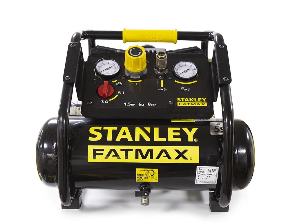 Stanley Fatmax Compresor, 6 litros, 8 bar, silencioso sin aceite, modelo horizontal, 1,5 cv, 160 l/min caudal de aire, portátil, negro amarillo, apto para inflado y herramientas neumáticas ligeras
