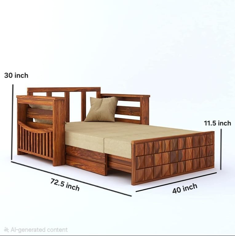 Image of Solid Sheesham Wood Sofa Cum Bed 2 Seater | Wooden Foldable Double Bed for Living Room with Headboard & Storage | Bed Cum Sofa with Mattress for Home | Diamond Design (Honey Finish)
