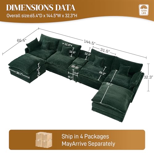 Image of 145 inch Oversized U Shaped Modular Sectional Sofa with Ottoman, Comfy Fluffy Soft Corduroy, Large Cloud Couch with USB Port, Cup Holder and Storage Central Console for Living Room, Green