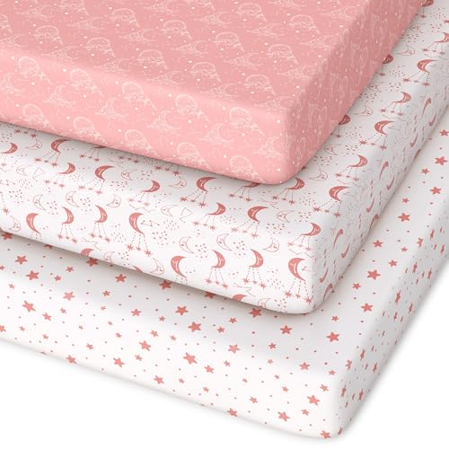 Image of Unnivoll Pack and Play Sheets Fitted 3 Pack, Mini Crib Sheets for Pack N Play Mattress Stretchy Portable Playard Sheets, Soft Breathable Pink White Moon
