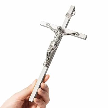 VINETEN Crucifix Wall Cross | Silver Metal Slender Catholic Crosses | Cross Wall D cor for Your Home - 8 Inch