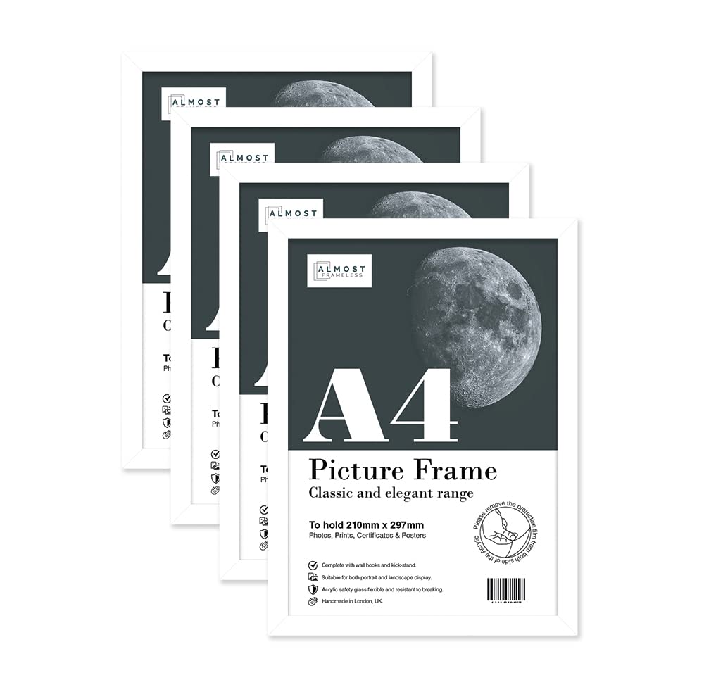 Almost Frameless A4 White Picture Frame Set of 4, Display A4 Picture Gallery Wall, Poster, Photo, Artwork, or Print, White