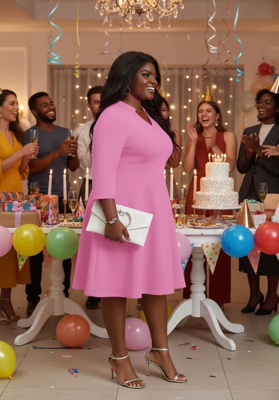 Church Dress for Women V Neck 3/4 Sleeve Midi Causal Cocktail Party A-Line Dresses with Pockets - Image 7