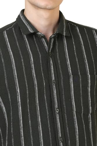 Image of Allen Solly Men's Regular Fit Striped Casual Shirt | Textured Cotton‑Blend Fabric | Half Sleeves | Spread Collar | Beige | Everyday Stylish Casual Wear