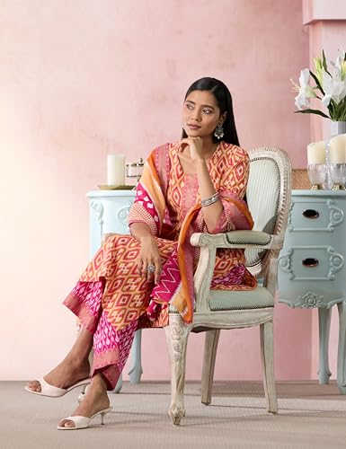 Image of Libas Printed Cotton Straight Kurta with Palazzo and Dupatta