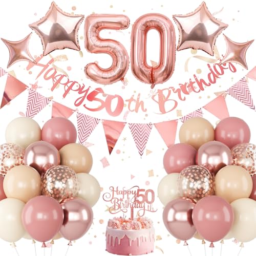 Image of Jobkoo 50th Birthday Decorations for Women, Retro Pink Beige Number 50 Balloon Set Happy 50th Birthday Banner Cake Topper Dusty Pink Beige Rosegold Star Balloons for Her 50 Year Old Bday Party Decor