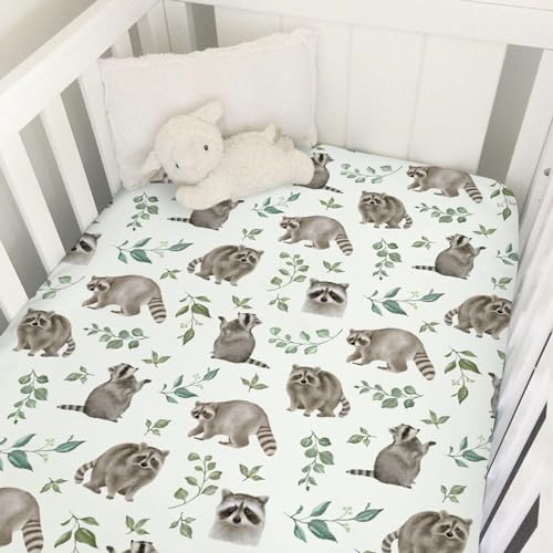 Image of Watercolor Raccoon Green Leaves Baby Crib Sheets 52''x28'' Raccoon Boho Retro Leaf Snug Fitted Crib Mattress Cover for Boy Girl Soft Nursery Baby Bed Sheet for Standard Crib and Toddler Mattresses