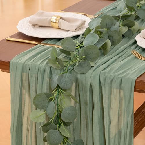 Leinuosen 8 Sets 10 Ft Sage Green Cheesecloth Table Runner Easter Spring Decor with 6 Ft Eucalyptus Garland, Boho Gauze Table Centerpiece Runner for Wedding Baby Shower Birthday Party Decor