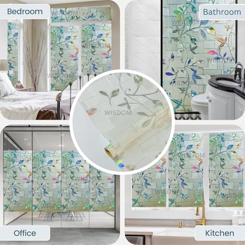 Image of WISDOM Premium Frosted Glass Window Film Self Adhesive Decorative Glass Window Privacy Sheet Film UV Control Removable Vinyl Privacy Film (Rainbow Leaves, 12x48 Inch)