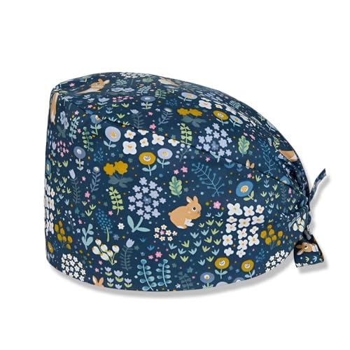 ZUWIJEQ Gorro Quirófano Mujer Hombre, Gorro de Dentista, Gorro de Cirugía, Gorro Quirúrgico Sanitario, Gorra de trabajo, Gorra quirúrgica impresa para médicos y enfermeras, Conejo (azul oscuro)