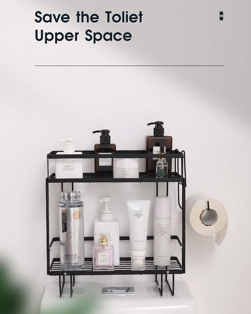 Estante de baño de 6 niveles con soporte para papel higiénico y ganchos, estante de almacenamiento que ahorra espacio para baños pequeños, elegante diseño negro eficiente para uso doméstico