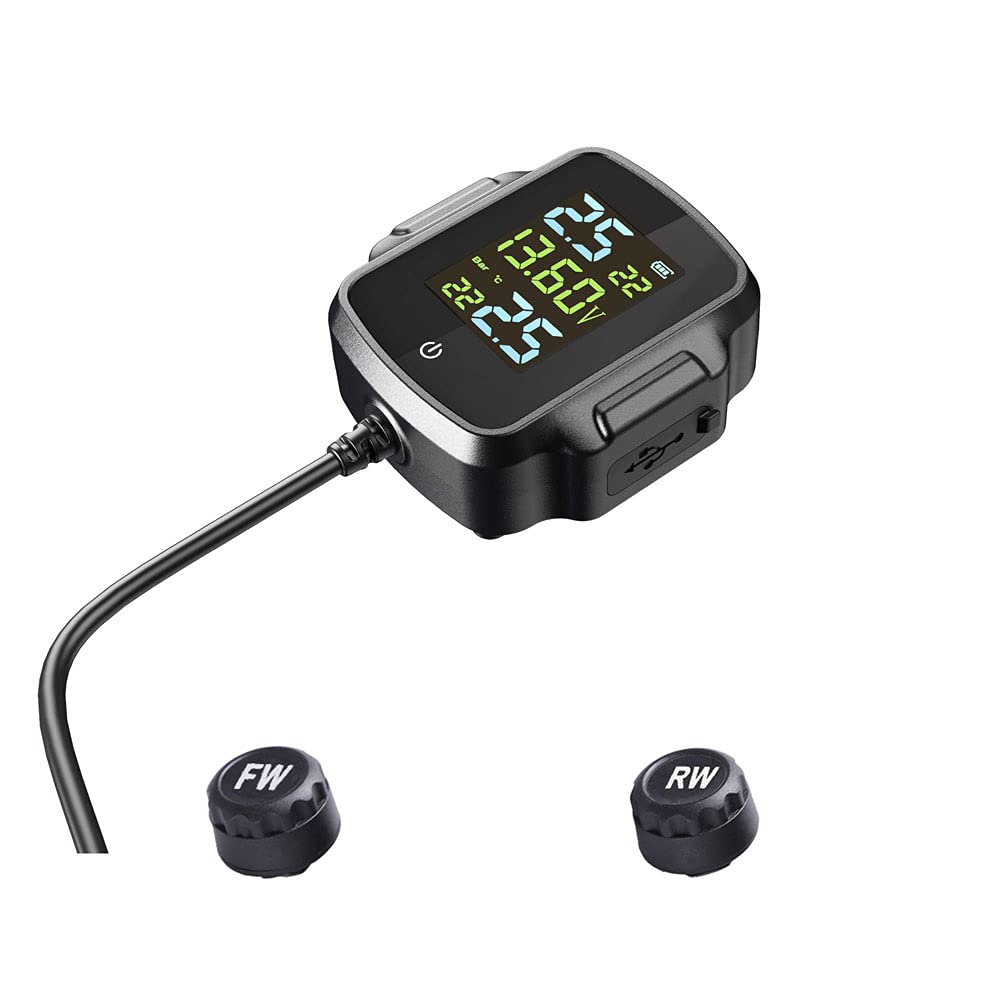 Moniteur de Pression des pneus, Détecteur de Pression des pneus Système de du Moniteur de Pression des pneus de Moto avec 2 capteurs externes étanches Prise en Charge de la Sortie USB