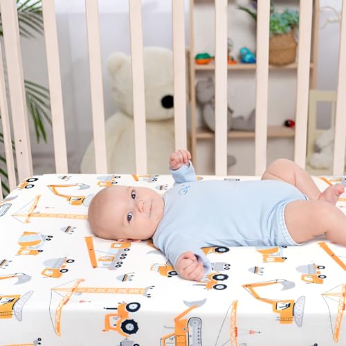 Image of JISEN Baby Crib Sheets Soft Breathable Fitted Crib Sheets for Standard Crib and Toddler Mattress Baby Bed Sheets for Crib for Boys Girls Neutral 52x28 Inch Construction Trucks
