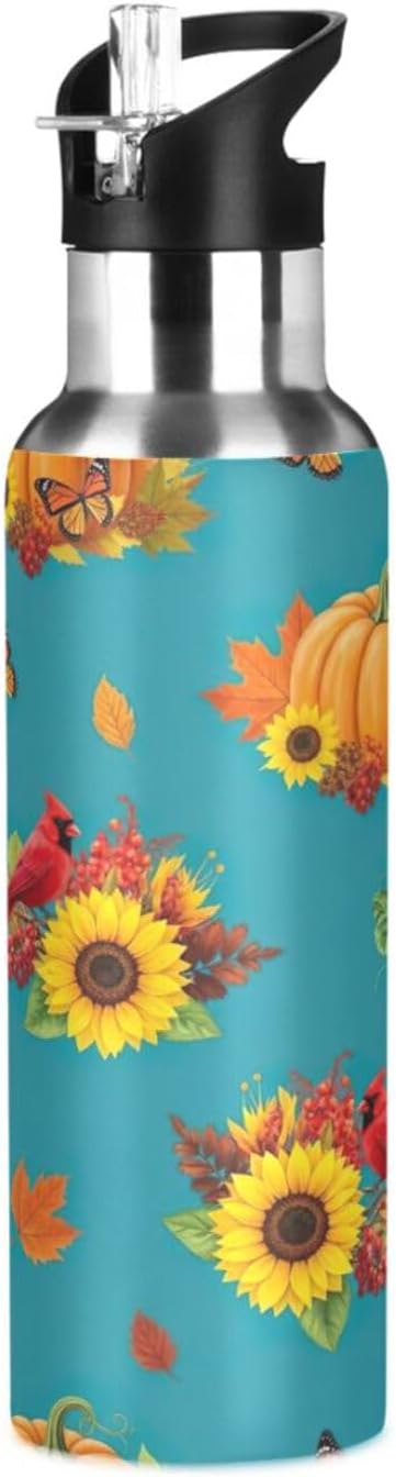 Botella de agua aislada con diseño de girasoles y hojas de otoño de 20 onzas, a prueba de fugas, botella de agua deportiva sin BPA