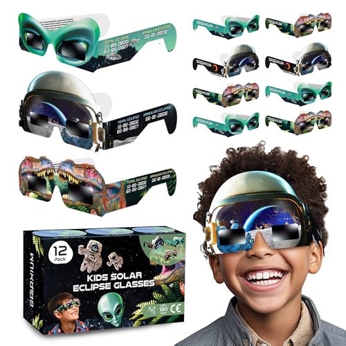 Galaxium Solar Eclipse Glasses Kids 2026 - [12 Pack] Mix Alien & Astronaut & Dinosaur Design - AAS Approved - ISO 12312-2 & CE Certfied - Boys Solar Eclipse Viewing Glasses